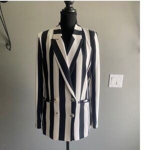 HM Womens Navy Blue White Striped Double Breasted Blazer Jacket Size 8